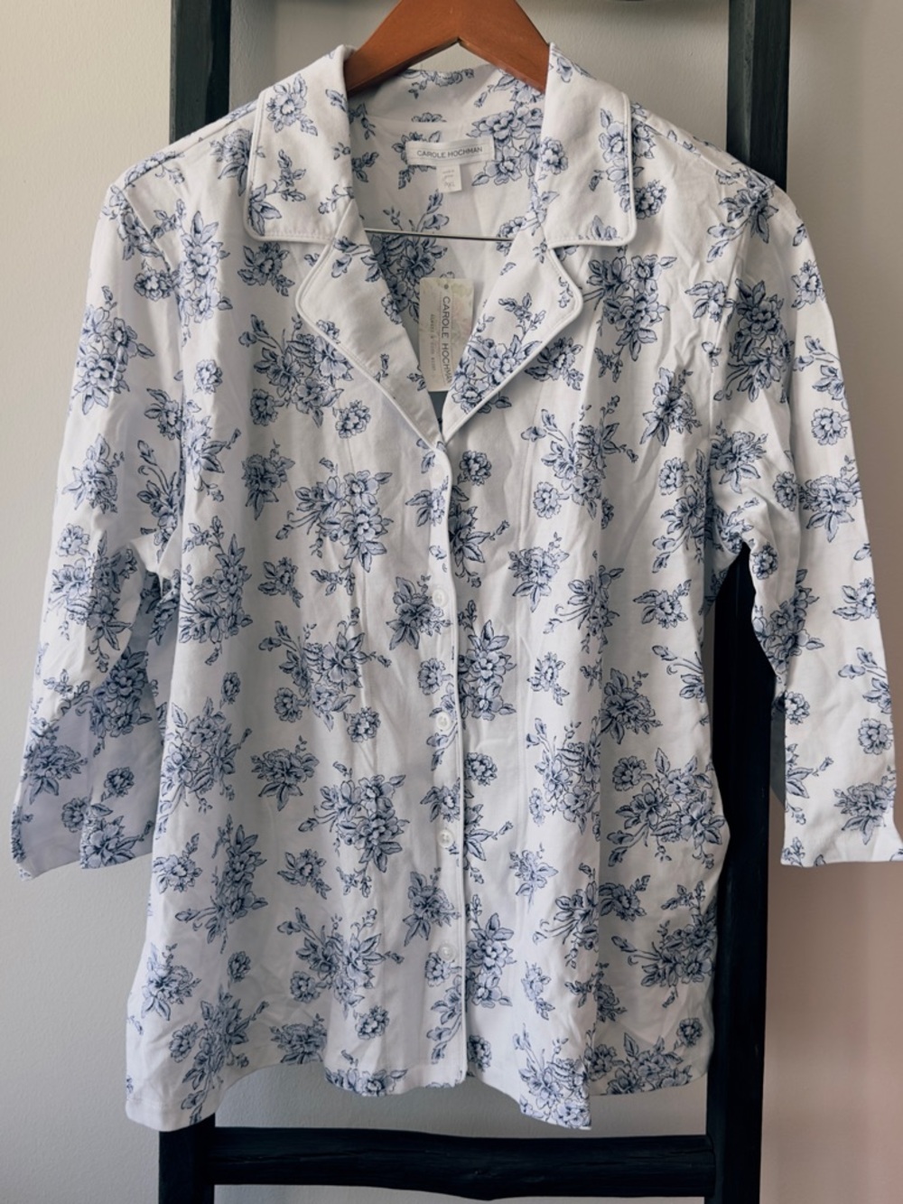 White Button-Up Pajama top with Blue Floral Print